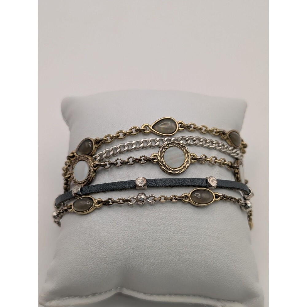 Boho Layered Cuff Bracelet Multi Strand Two Tone Silver Gold Leather Cabochon